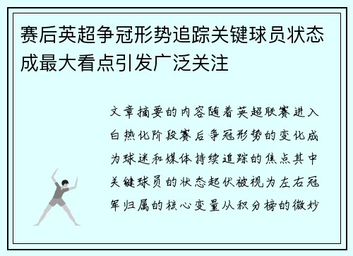 赛后英超争冠形势追踪关键球员状态成最大看点引发广泛关注